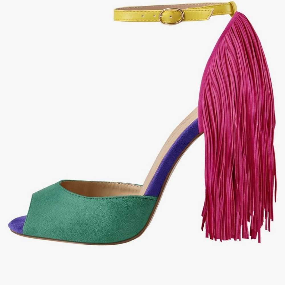 Richealnana Women's Fringe Ankle Strap Peep Toe Heeled Sandals Stiletto Shoes